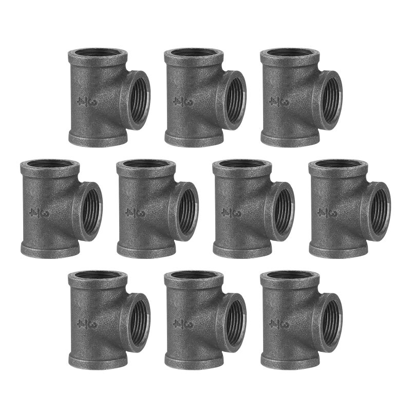 Home TZH 3/4" Pipe Fitting Tee, 10 Pack DN20 Threaded Gray Cast Malleable Iron for Steampunk Vintage Shelf Bracket DIY Plumbing Pipe Decor Furniture (10, 3/4") - Image 1